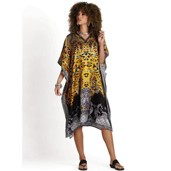 Gold and black Statusphere Print Silky Short Caftan - Picture 1 of 2